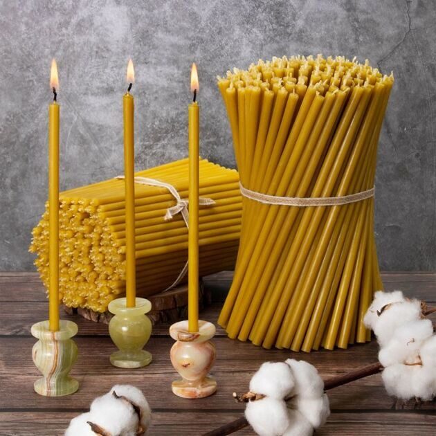 YELLOW №40/set 300pcs Beeswax Candle Tamrita.  Natural Pur Beeswax Taper Church Candles, h-10,2"(260mm), d-0,28"(7,2mm), time-2h