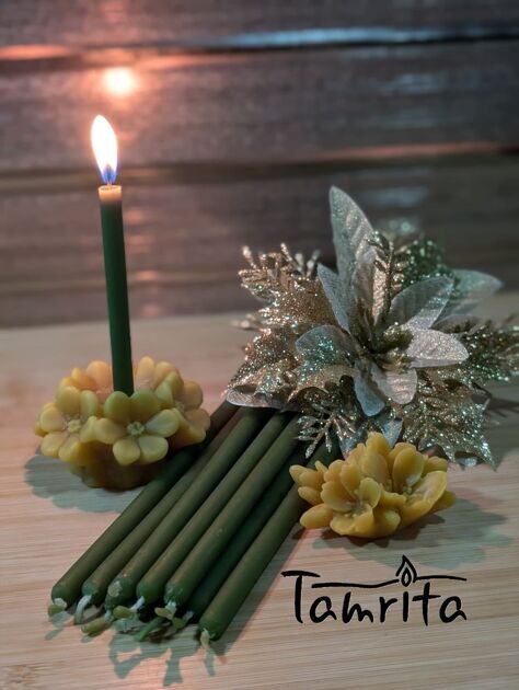 GREEN №40 Beeswax Candle Tamrita.  Natural Pur Beeswax Taper Church Candles, h-10,2"(260mm), d-0,28"(7,2mm), time-2h