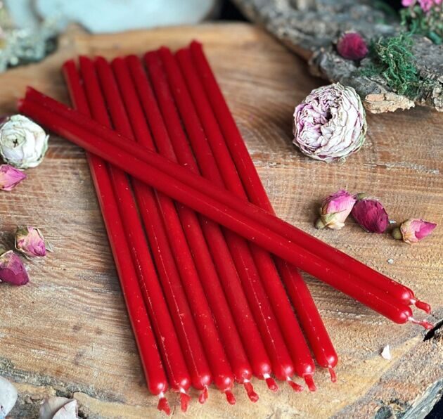 RED №8 Beeswax Candle Tamrita.  Natural Pur Beeswax Taper Church Candles, h-12,6"(320mm), d-0,6"(15mm), time-6h