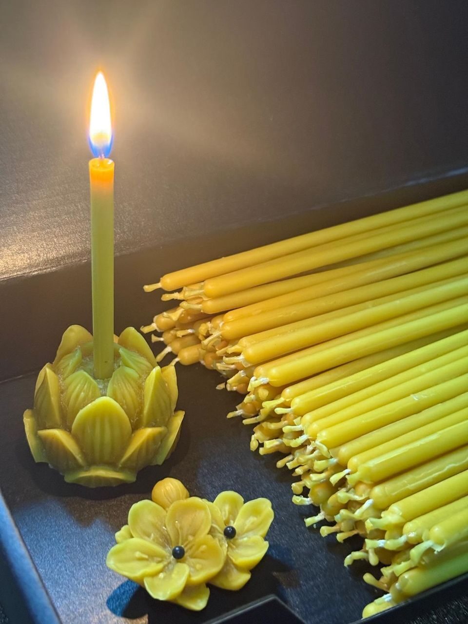 YELLOW №80/set 400pcs Beeswax Candle Tamrita. Natural Pur Beeswax Taper Church Candles, h-7,1"(180mm), d-0,20"(5mm), time-1h