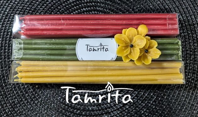 Set YELLOW candles #80 natural beeswax 16ps,Tamrita. Natural Pur Beeswax Taper Candles, h-7,1"(180mm), d-0,20"(5mm), time-1h